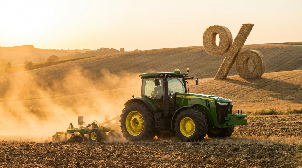 Ciągnik John Deere podczas prac polowych o zachodzie słońca